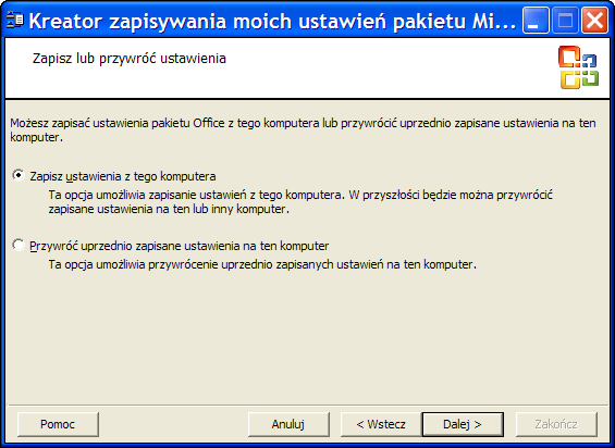 należących do pakietu Microsoft Office (a więc też edytora Word). Obsługa tego narzędzia jest bardzo prosta. Aby użyć narzędzia Kreator zapisywania moich ustawień pakietu Microsoft Office 2003: 1.