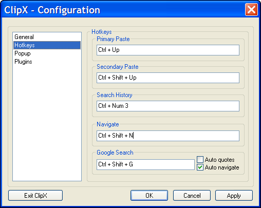 2. Po lewej stronie okna dialogowego ClipX - Configuration kliknij pozycję Hotkeys (Skróty klawiszowe) rysunek 1.8. Rysunek 1.8. Konfiguracja skrótów klawiszowych programu ClipX 3.