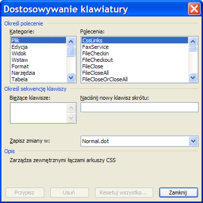 Microsoft Word 2003 otwórz menu Narzędzia, kliknij pozycję Dostosuj i w oknie dialogowym, które zostanie wyświetlone kliknij przycisk Klawiatura, aby wyświetlić okno dialogowe Dostosowywanie