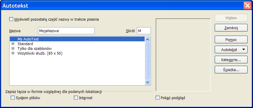 Autotekst w edytorze Open Office Writer Idea Autotekstu w edytorze Open Office Writer jest taka sama jak w poprzednich dwóch edytorach.