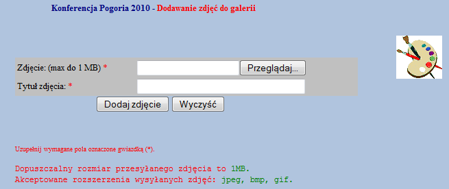 4.13.3. Dodawanie zdjęć do galerii Na podstronie każdej konferencji znajduje się możliwość umieszczania zdjęć w galerii przez organizatora [3].