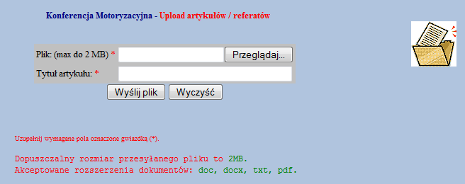 4.14.2. Przesyłanie referatów / artykułów Jeżeli użytkownik chce wysłać dokument powiązany z daną konferencją [3] musi wcześniej się na nią zapisać.