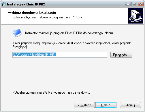 CENTRALA IP-PABX instrukcja obsługi Proces instalacji pakietu programów ELNIX IP-PBX Instalacja oprogramowania centrali Z dołączonej płyty CD z oprogramowaniem wybieramy katalog IP PBX i uruchamiamy