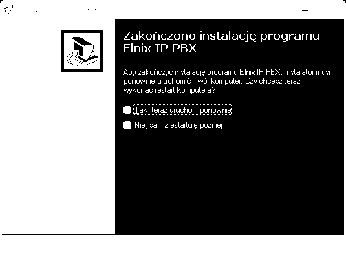 CENTRALA TELEFONICZNA CTL V Rys. 17 Po zakończeniu kopiowania plików programu ELNIX IP-PBX wyświetlone zostanie okno informujące o zakończeniu instalacji oprogramowania.