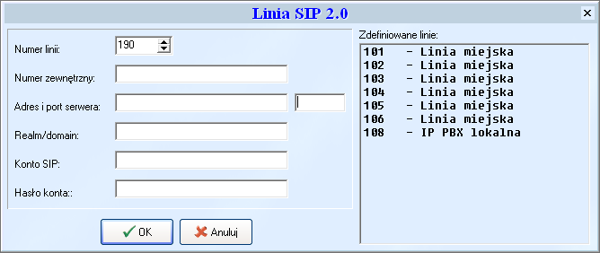 CENTRALA TELEFONICZNA CTL V Rys. 103 Program INSTALATOR otwarty na ustawieniach linii miejskich Dodawanie i konfiguracja linii miejskich SIP 2.0 Po wejściu w ustawienia Linii SIP 2.