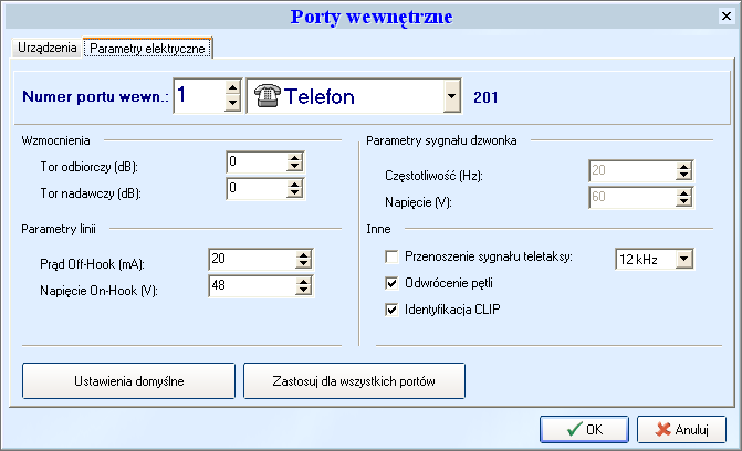 CENTRALA TELEFONICZNA CTL V Urządzenia W tym miejscu programu, ustalamy jakie urządzenia będą podłączone do portów wewnętrznych centrali ELNIX IP-PBX.