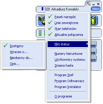 CENTRALA IP-PABX instrukcja obsługi Moduł główny - Menu Rys. 126 Menu W tej części programu mamy dostęp po informacji o aktualnym profilu pracy centrali (profil czerwony, zielony, niebieski, żółty).