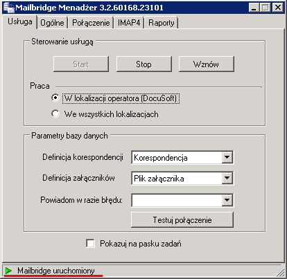 79 Mailbridge pokazuje stan usługi na pasku stanu Dodatkowo można skonfigurować MailBridge a poprzez pliki konfiguracyjne ManagerMB.exe.