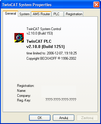 TwinCAT System Properties General TwinCAT System Properties General