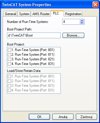 TwinCAT System Properties PLC TwinCAT System Properties PLC ustalanie liczby Run-Time systemów wskazanie ścieżki