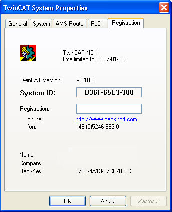 TwinCAT System Properties Registration TwinCAT System Properties Registration System ID z którego