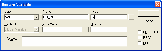 TwinCAT PLC Control Okno deklaracji Okno deklaracji pozwala: wybrać rodzaj zmiennej (Var_: INPUT, OUTPUT, IN_OUT lub GLOBAL) przypisać nazwę zmiennej wybrać typ