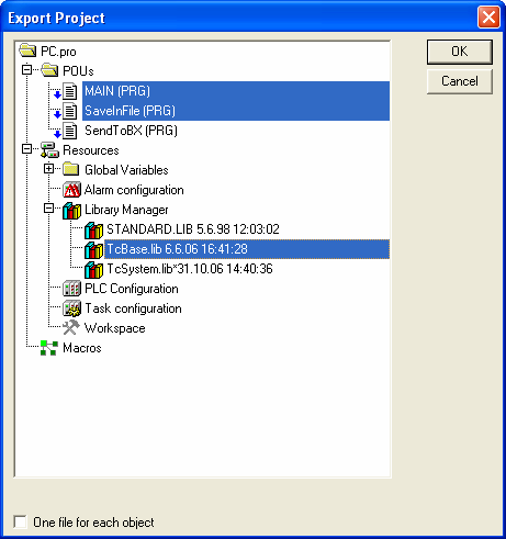 TwinCAT PLC Control Export Export: Project\Export zapisuje wybrane obiekty w pliku *.