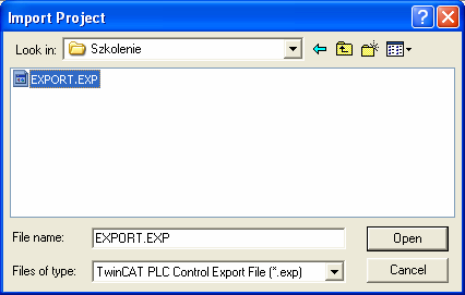 TwinCAT PLC Control Import Import: Project\Import wczytuje dane z pliku *.