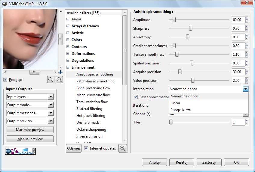 Enhancement (omówienie niektórych filtrów) Nowe techniki wygładzania w G'MIC.