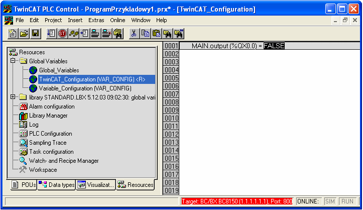 Po poprawnym przesłaniu programu do sterownika w zakładce Resources w folderze Global_Variables pojawi się pole TwinCAT_Configuration, które zawiera informacje o powiązaniach zmiennych adresowanych z