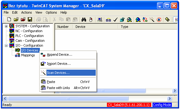 Przełączenie w tryb konfiguracji W celu wykrycia urządzeń i modułów wejścia/wyjścia, należy uruchomić (prawy klawisz myszy) funkcję Scan Devices.