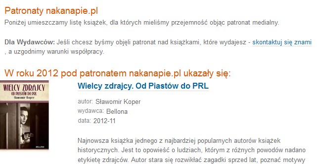 Serwis Nakanapie.pl jako reprezentatywne social medium 169 Rys 3. Strona patronacka w serwisie nakanapie.pl Źródło: http://nakanapie.pl (dostęp dnia: 27.11.