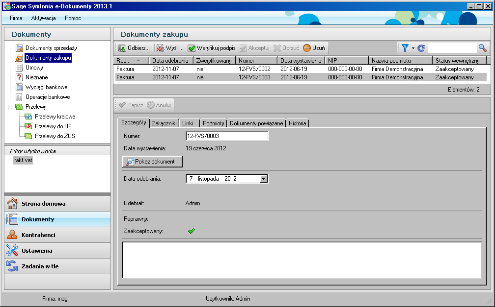 Praca z programem Import i weryfikacja e-dokumentów Aby zaimportować e-dokumenty do programu: 1. Trzeba mieć nadane prawo Odbieranie e-faktur. 2. W oknie firmy kliknij przycisk Dokumenty. 3.