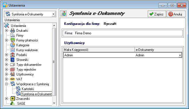 6 16 Podręcznik użytkownika Symfonia e-dokumenty Rys. 6-14 Okno Ustawienia programu Mała Księgowość - powiązania użytkowników z programem Symfonia e-dokumenty.