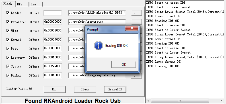 Poprawne połączenie komputera z tabletem zostanie zasygnalizowane zmianą statusu w otwartym oknie aplikacji RKAndroidTool na Found RKAndroid Loader Rock Usb, można wówczas puścid przycisk