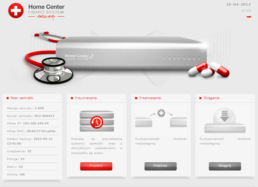 5.9 Recovery Mode Recovery Mode to specjalistyczny panel odpowiedzialny za przywracanie systemu centralki w przypadku problemów. Aby wprowadzić centralkę w tryb Recovery należy: 1.