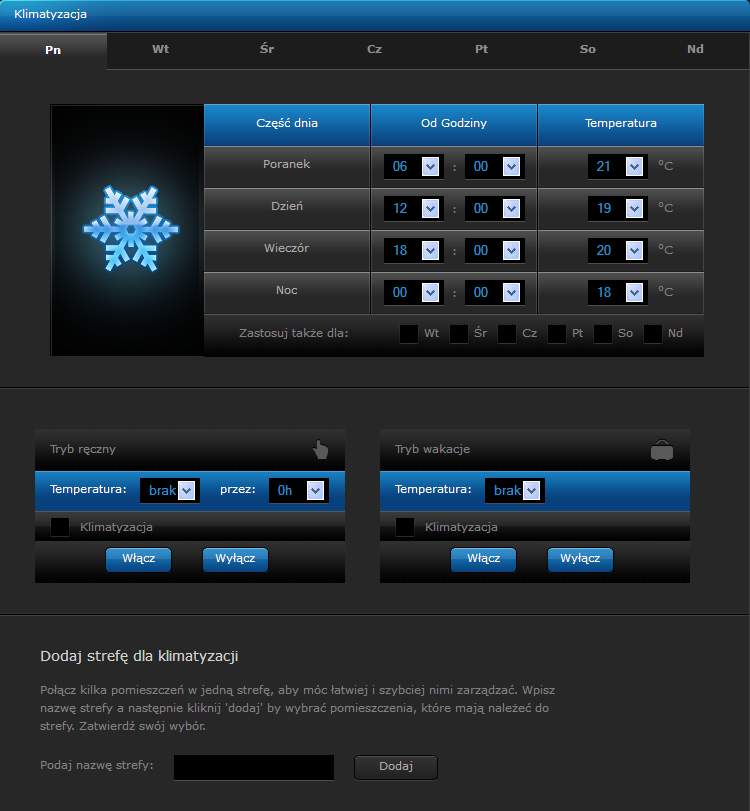 5.7.4 Panel Klimatyzacji W Panelu Klimatyzacji można zaprogramować harmonogram chłodzenia domu z podziałem na poszczególne dni tygodnia w zależności od pory dnia.