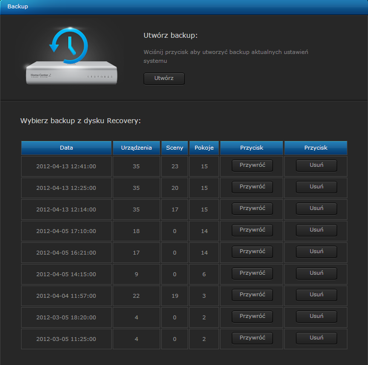 5.8.4 Backup W tym miejscu możliwe jest zdefiniowanie punktu przywracania systemu HC2. Rysunek 5.