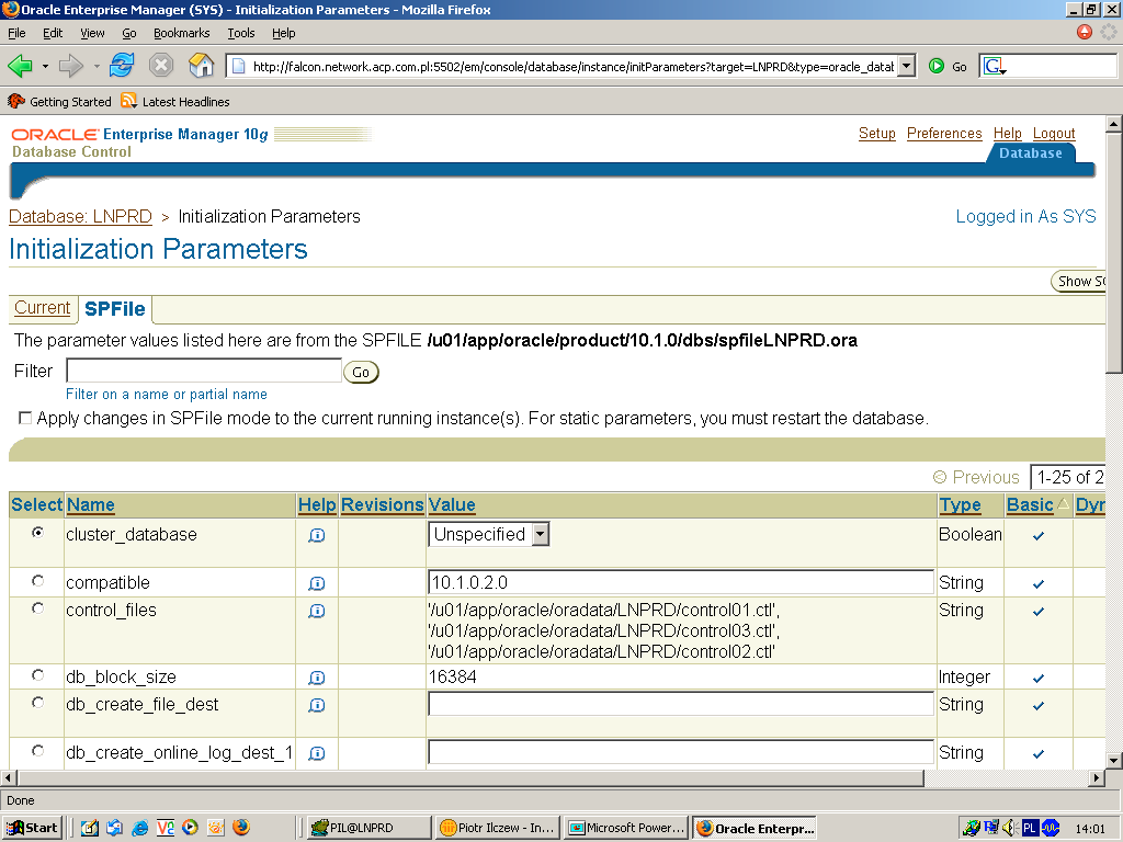 Pliki danych Oracle - zakładka Storage / Datafiles
