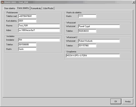 MSR Manager Okna konfiguracji obiektu - Dane obiektu.