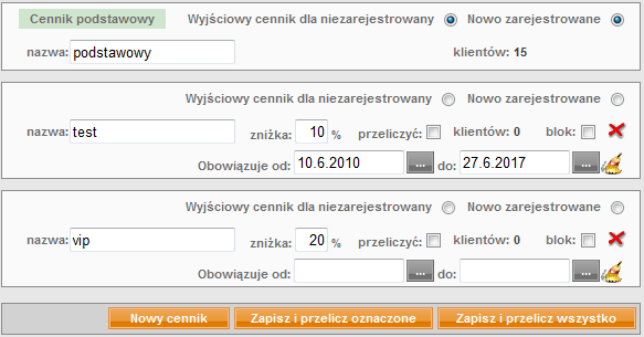 Przycisk z miotełką Wyczyść dane służy do szybkiego skasowania pola Ważny od: do:. Aby utworzyć nowy cennik kliknij przycisk Nowy cennik. W przypadku zmiany, cenniki muszą być zapisane.