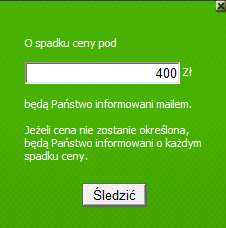 W następującym oknie po zalogowaniu jest możliwe określić limit ceny, którą chce klient śledzić. Jeżeli odwiedzający nie wypełni pola dla ceny, otrzyma wiadomość o każdym spadku ceny.