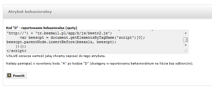 Po jej wybraniu użytkownikowi zostaje wyświetlony kod JavaScript, który musi umieścić na stronie WWW, która ma dostarczyć informacji do zdefiniowanego atrybutu: UWAGA!