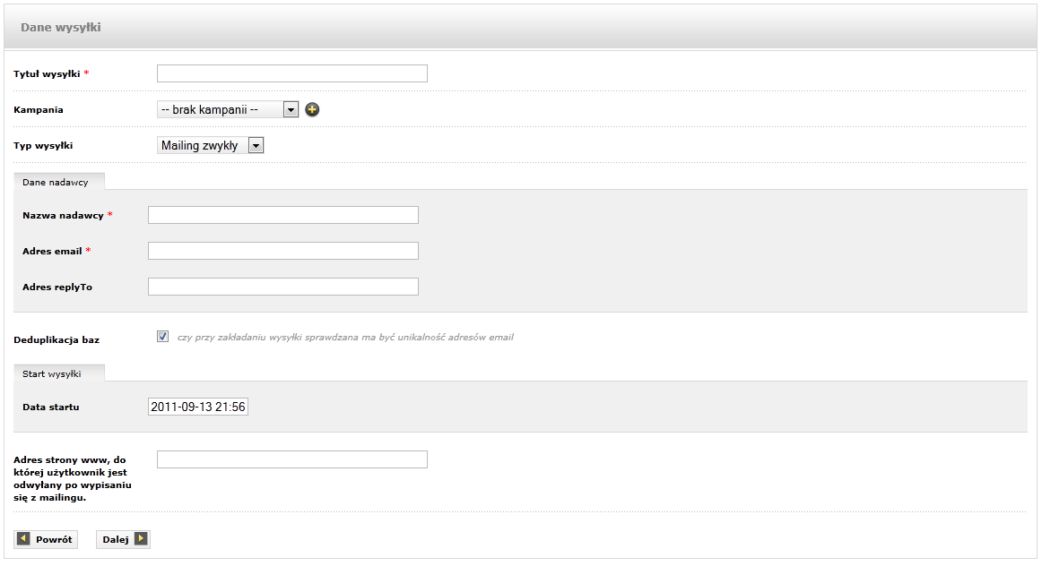 Proces definiowania nowej wysyłki rozpoczyna się od uzupełnienia formularza z danymi podstawowymi tj.