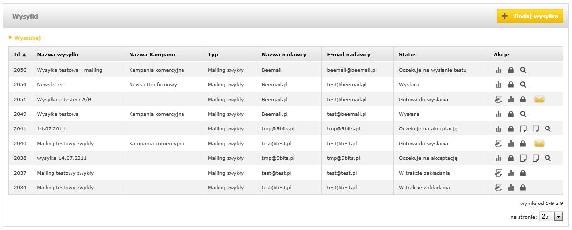 Po wykonaniu tego kroku zostaną Państwo przeniesieni do listy Malingów, gdzie zaakceptowana wysyłka znajdzie w statusie wysyłki lub oczekiwania na nią: Status wysyłki jednoznacznie determinuje akcje,