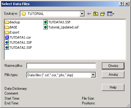 Jeżeli w ramce Selected Files głównego okna Export brak jest jakichkolwiek nazw plików *.cor lub *.ssf, należy wcisnąć klawisz Browse.