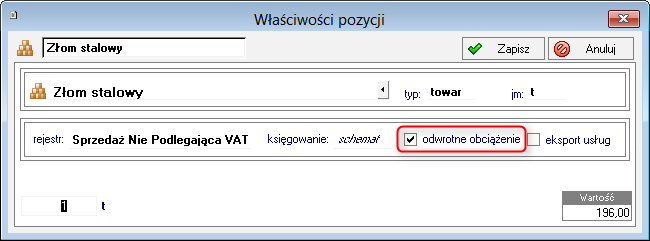 Właściwości pozycji z oznaczeniem odwrotne obciążenie Na formatce Właściwości pozycji dokumentu sprzedaży pojawia się pole wyboru odwrotne obciążenie dla tych dokumentów, dla których może być