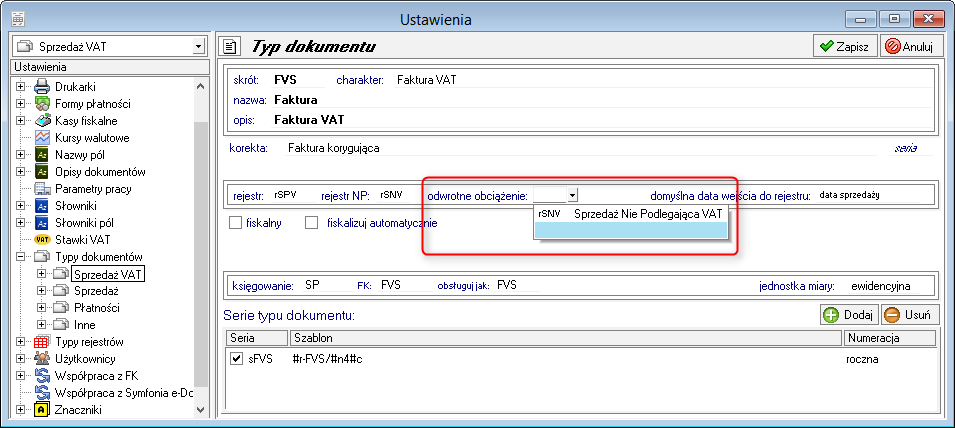 Rejestr odwrotne obciążenie w typie dokumentu sprzedaży Na formatce wybranych typów dokumentów sprzedaży można wskazać rejestr dla odwrotnego obciążenia.