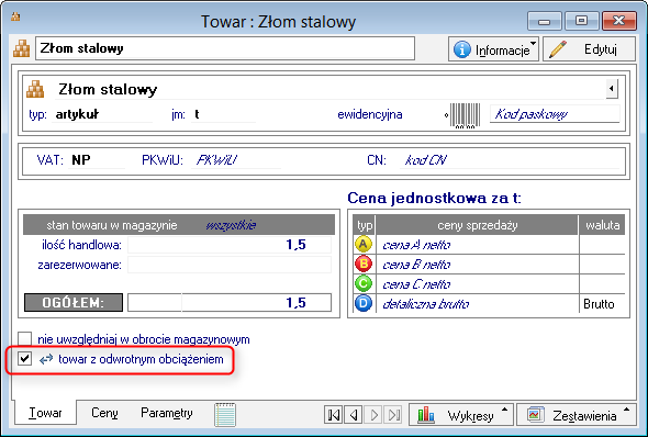 Towar - pole wyboru "towar z odwrotnym obciążeniem" Na potrzeby zoptymalizowania procesu obsługi operacji z odwrotnym obciążeniem, na formatce towaru dodano