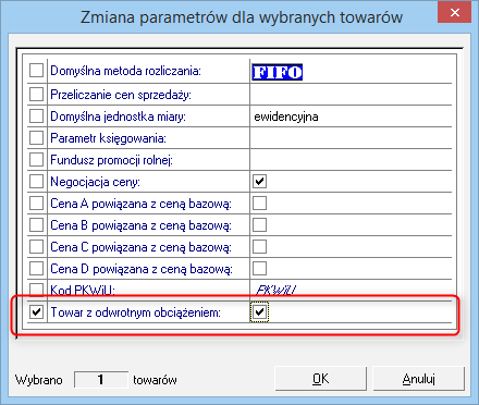 Oznaczenie to wypełniane jest własnoręcznie na formatce towaru. Istnieje możliwość uruchomienia raportu pomocniczego, który przeprowadzi grupową zmianę tego parametru.