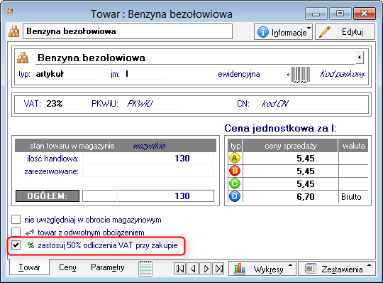 Towar parametr zastosuj 50% odliczenia VAT przy zakupie Na formatce towarów typu artykuł i usługa dodany został parametr zastosuj 50% odliczenia VAT przy zakupie.