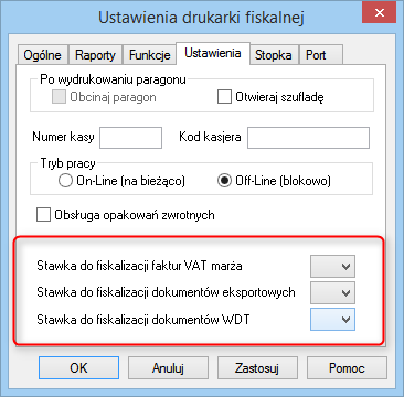 Fiskalizacja faktur walutowych W ustawieniach typów dokumentów: Dokument eksportowy, Faktura VAT w walucie oraz Wewnątrzwspólnotowa dostawa towarów dodane zostały przyciski fiskalny i fiskalizuj