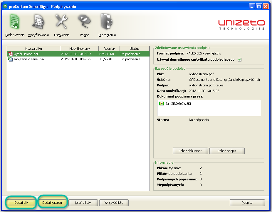 II. Podpisywanie dokumentów. Podpisywać możemy dowolne pliki, wg potrzeb, konieczności. Do jednokrotnego podpisu możemy nie tylko dołączyć wiele plików ale również katalogi.