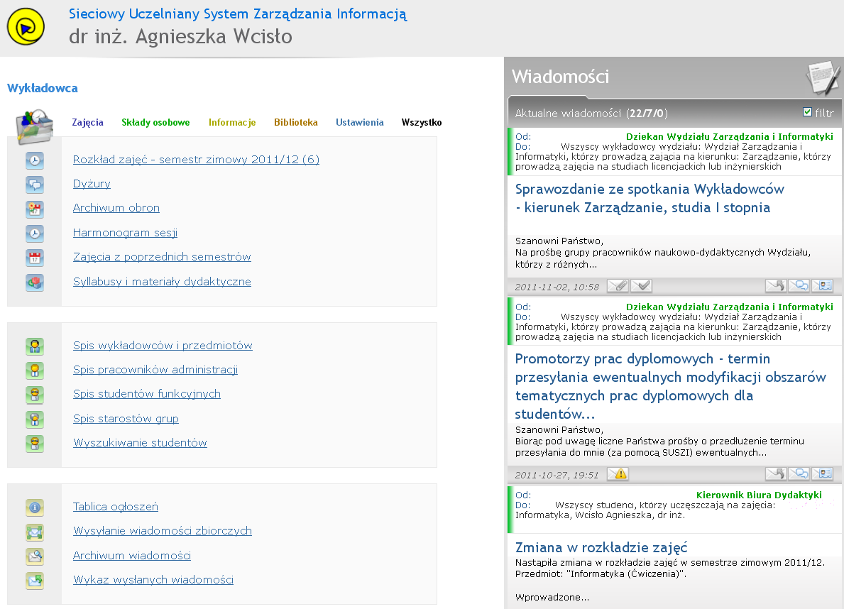 Rysunek 1. Strona główna wykładowcy w SUSZI Źródło: opracowanie własne na podstawie: https://suszi.wszib.edu.