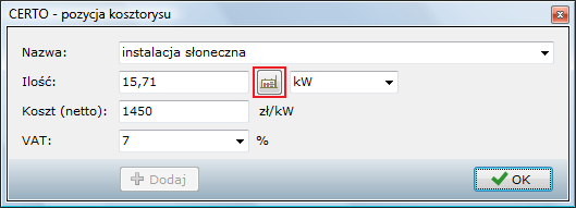 W oknie Pozycja kosztorysu znajduje się przycisk wstaw moc źródeł ciepła (z ikonką źródła ciepła): Za jego pomocą moŝna automatycznie pobrać do wyceny moce [kw] wybranych, aktualnych źródeł ciepła: