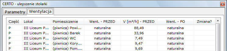 powietrza wentylacyjnego V [m 3 /h] Zadaniem audytora jest określenie nowych, docelowych parametrów wentylacyjnych pomieszczeń, w których parametry te ulegają zmianie w wyniku optymalizacji.