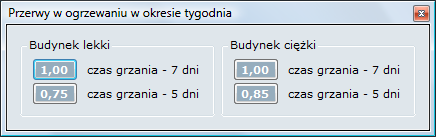 Jeśli mimo wprowadzenia w pomieszczeniach budynku przerw w ogrzewaniu ich wpływ jest pominięty (czyli wynosi 1,00), to naleŝy upewnić się, Ŝe na pierwszej zakładce programu ( Budynek ) w ramce