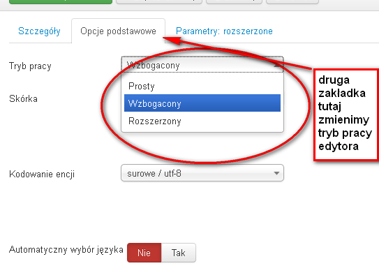 Więc klikamy kolejno na rozszerzenia, dodatki tam szukamy zapisu Edytor TinyMCE klikamy na niego i przechodzimy na zakładkę opcje podstawowe, tam wybieramy opcje tryb pracy na rozszerzony.