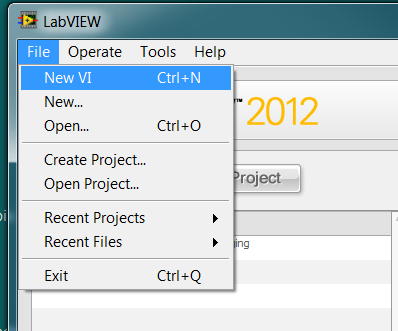 3. Utworzenie VI do pomiaru W każdym realizowanym ćwiczeniu należy w pierwszej kolejności skonfigurować tor pomiarowy. Uruchomić środowisko projektowe LabVIEW. Utworzyć nowy Virtual Instrument VI.