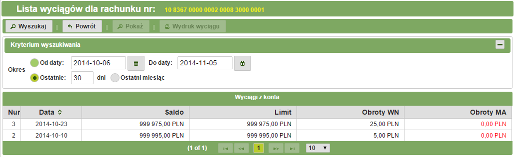 3412 Przegląd zestawień dla rachunków W celu przejrzenia zestawienia wybranego przez siebie rachunku należy kliknąć w dany rachunek, a następnie przycisk Pojawi się nowe okienko z zestawieniem